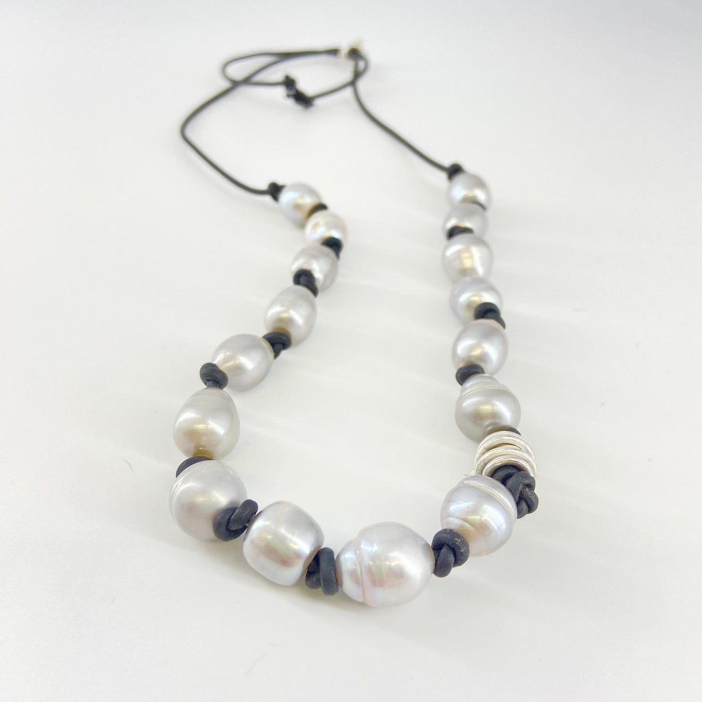 Necklace - Pearl and Sterling on Knotted Leather