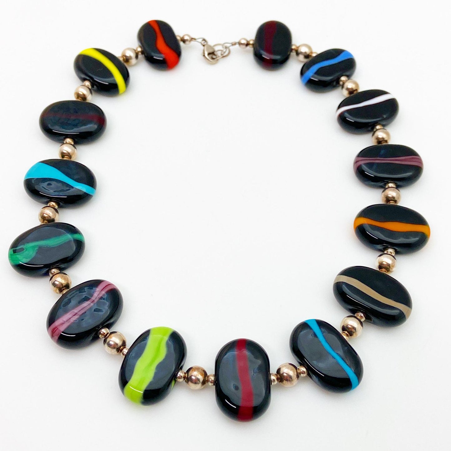 Necklace - Flat Glass Beads - Black with Colorful Veins