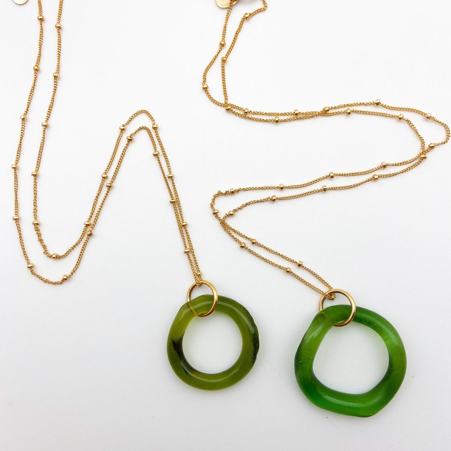 Necklace - Ruffled Glass Hoops on 14kt Goldfill - Pine
