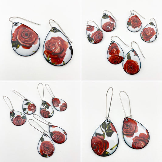 Earrings - Roses on Teardrops - Enamel Originals
