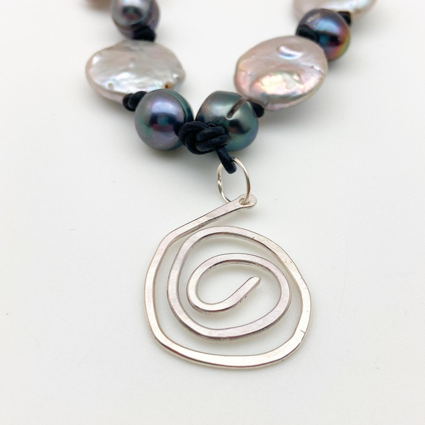 Necklace - Hand-Knotted Pearl on Leather - Sterling Swirl Pendant