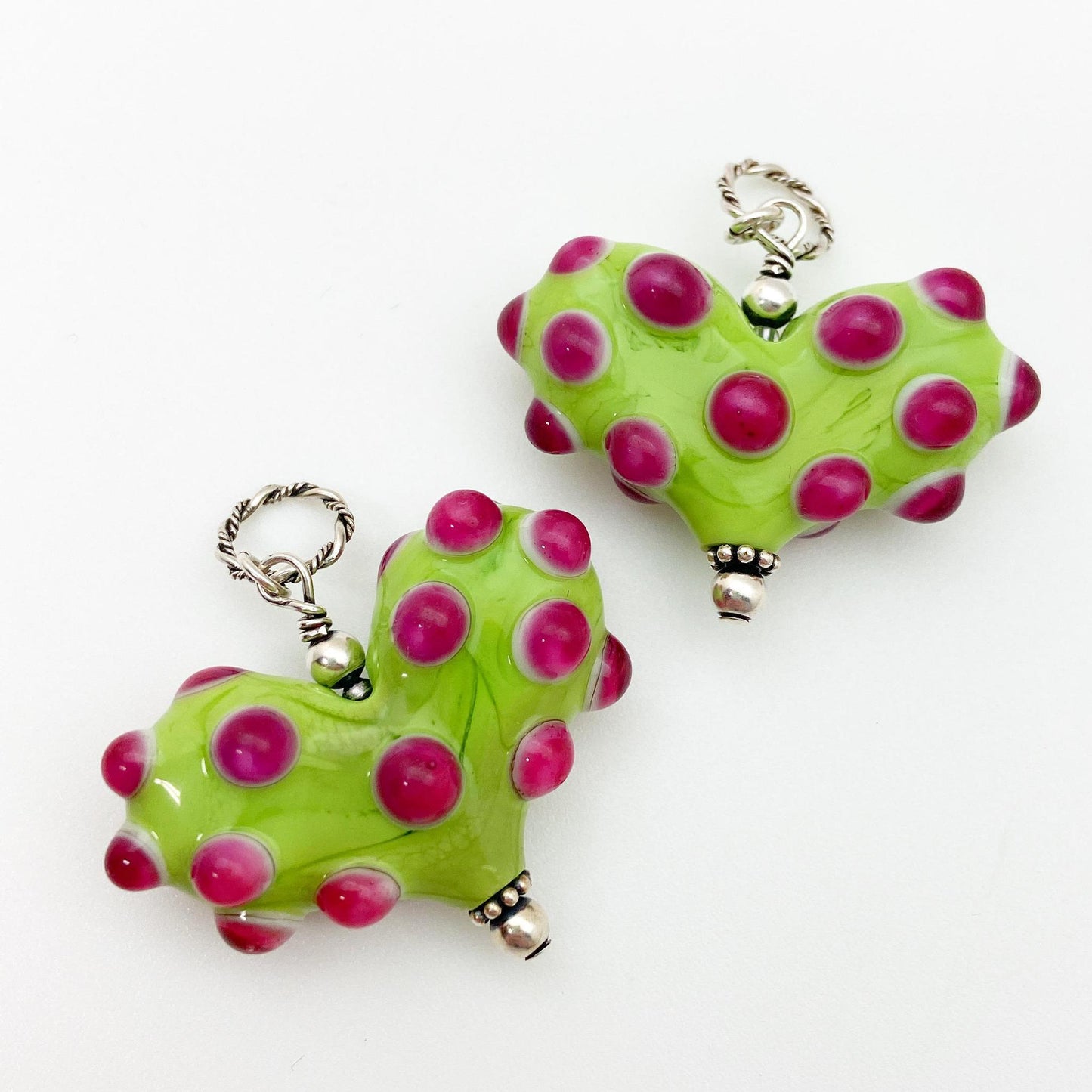 Pendant - Bumpy Glass Heart - Lime with Pink - Medium