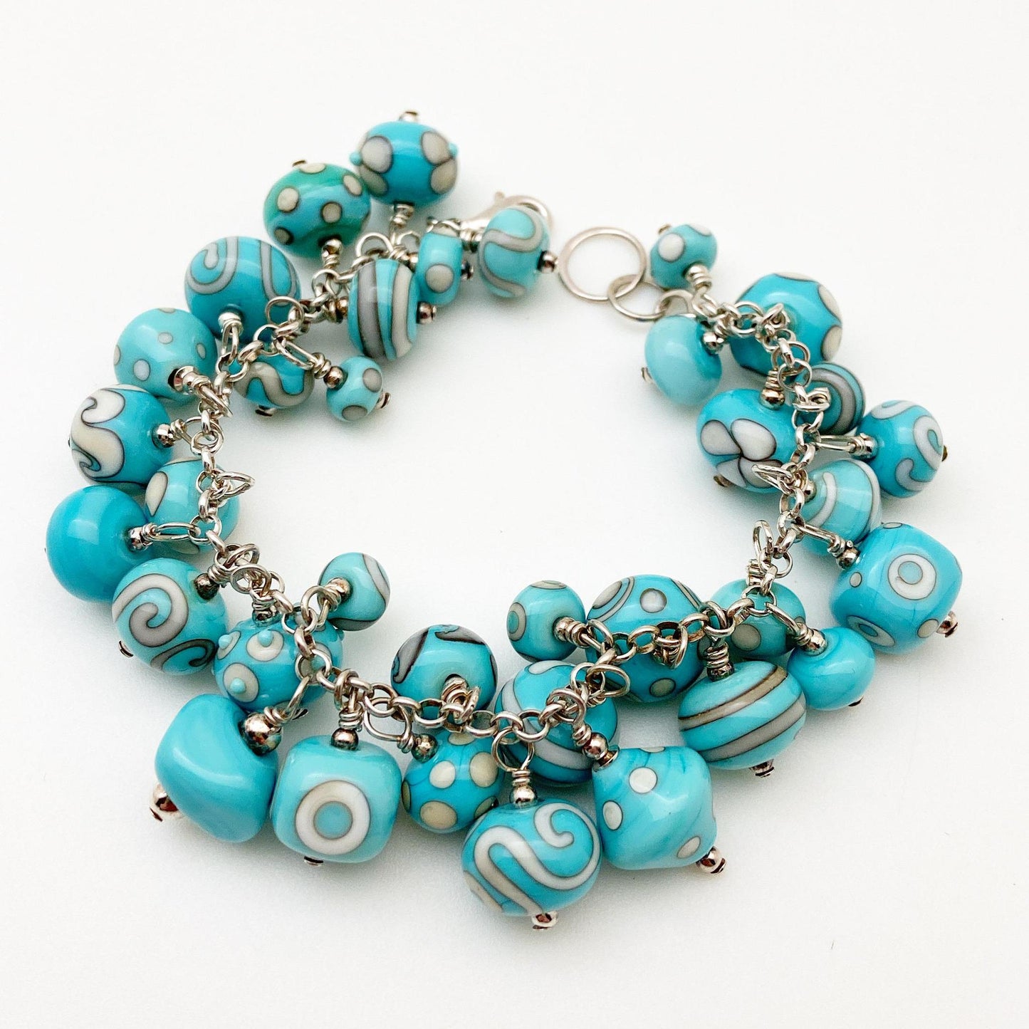 Bracelet - Turquoise and White Charms - Handmade Glass