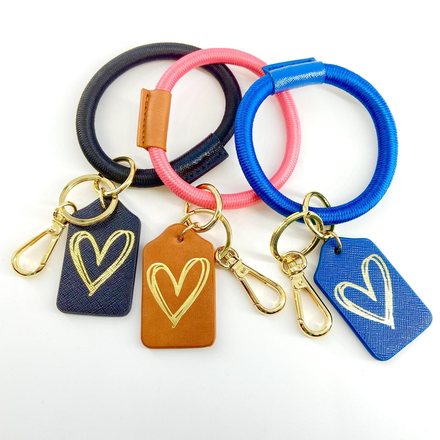 Bracelet Keyring - Leather & Woven Nylon - Orchid With Heart