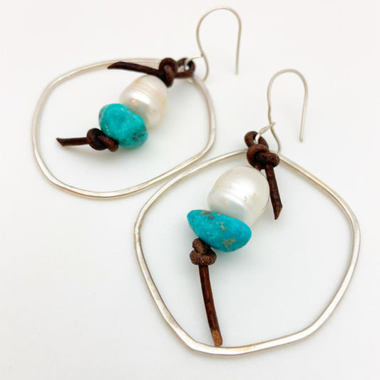 Earrings - Circle w/ Leather Knot/Pearl/Turquiose Drop - Sterling Silver