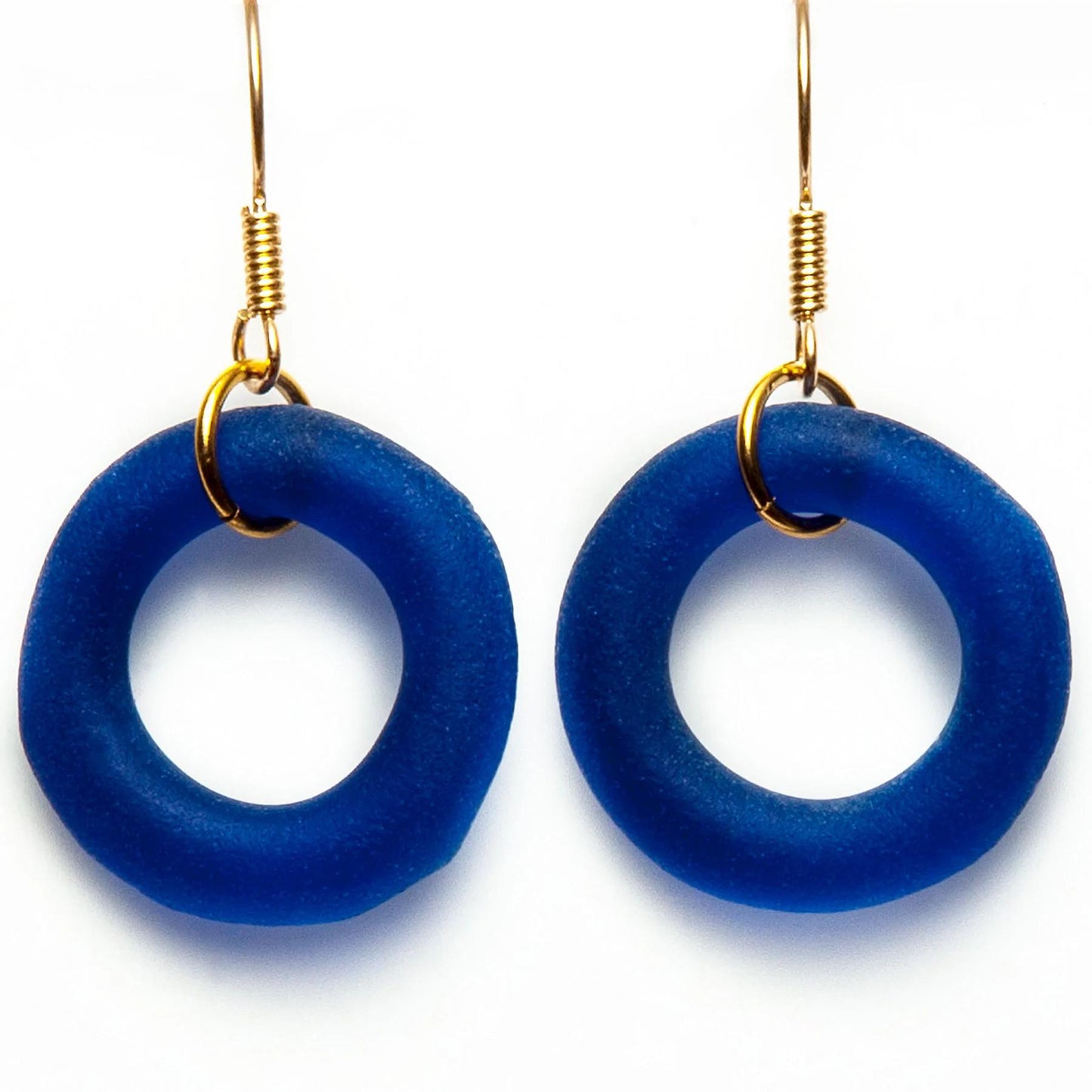Earrings - Reclaimed Glass Circles on 14kt Goldfill - Cobalt