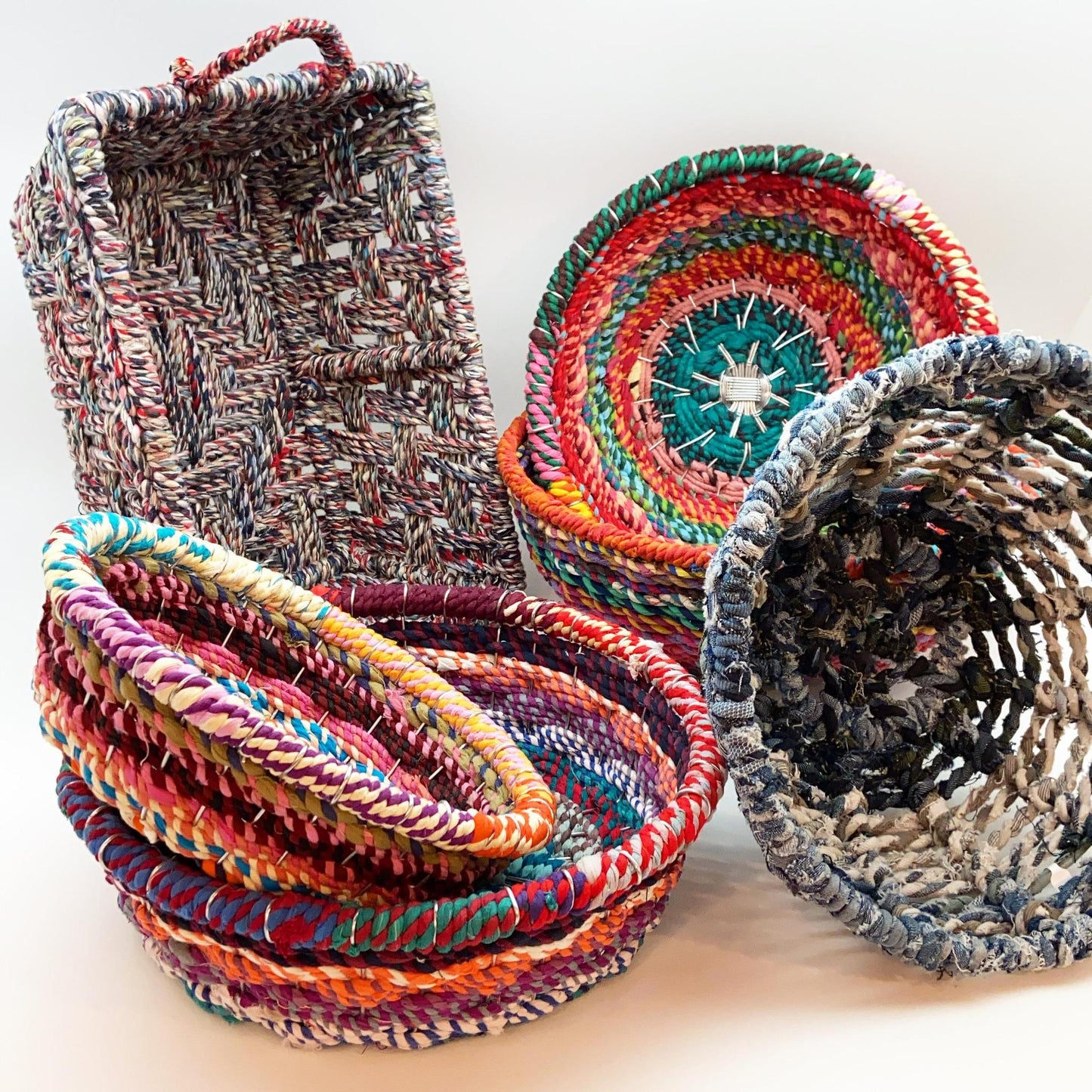 Shallow Basket - Woven Chindi on Aluminum Frame - Small