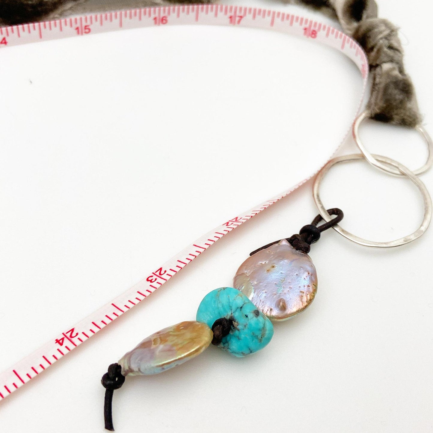 Necklace - Sterling Hoops and Corded Pearl and Turquoise on Grey Silk Velvet