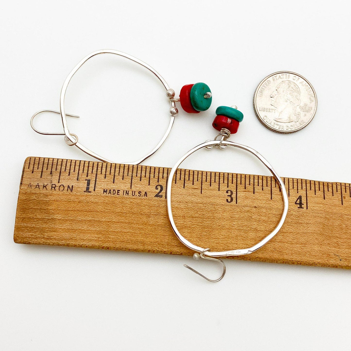Earrings - Dotted Hoops with Coral and Turquoise Beads - Sterling Originals