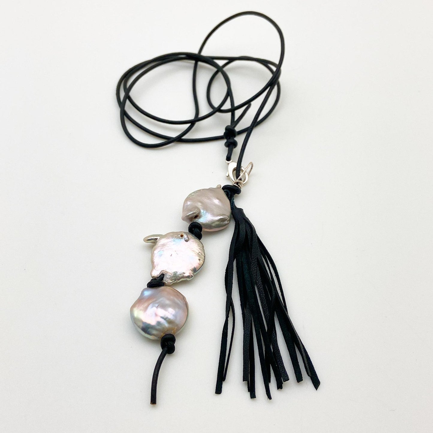Necklace - Pearl and Leather Pendants on Leather
