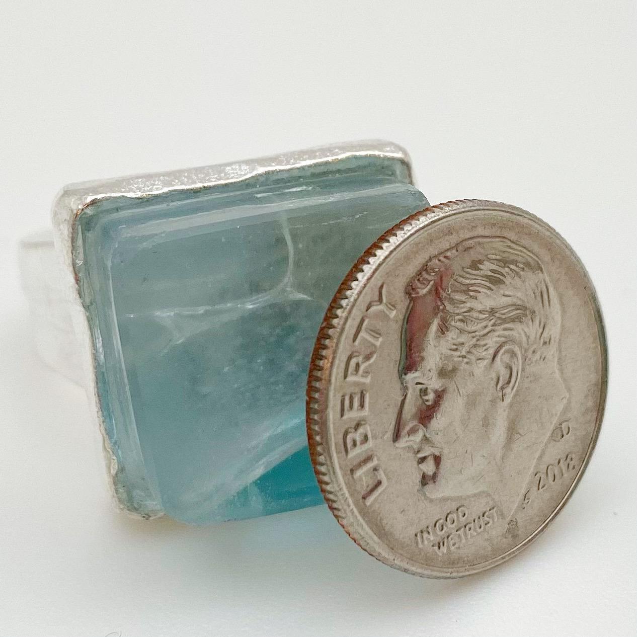 Ring - Reclaimed Fused Glass - Silver Base - "Blue Green"