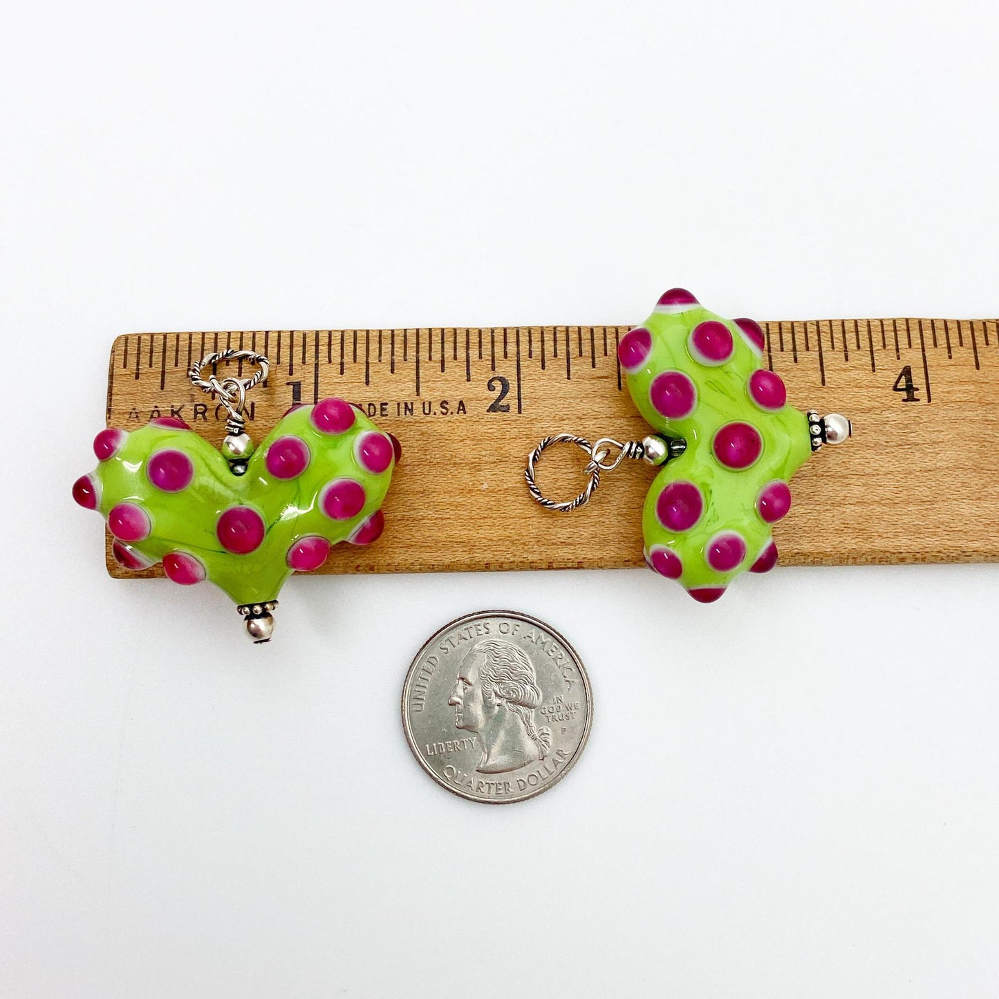 Pendant - Bumpy Glass Heart - Lime with Pink - Medium
