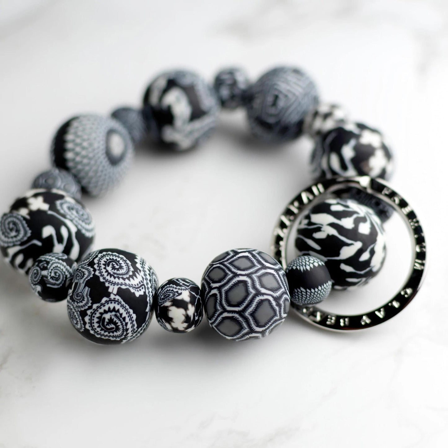 Bracelet Keychain - Black & White - Polymer Clay