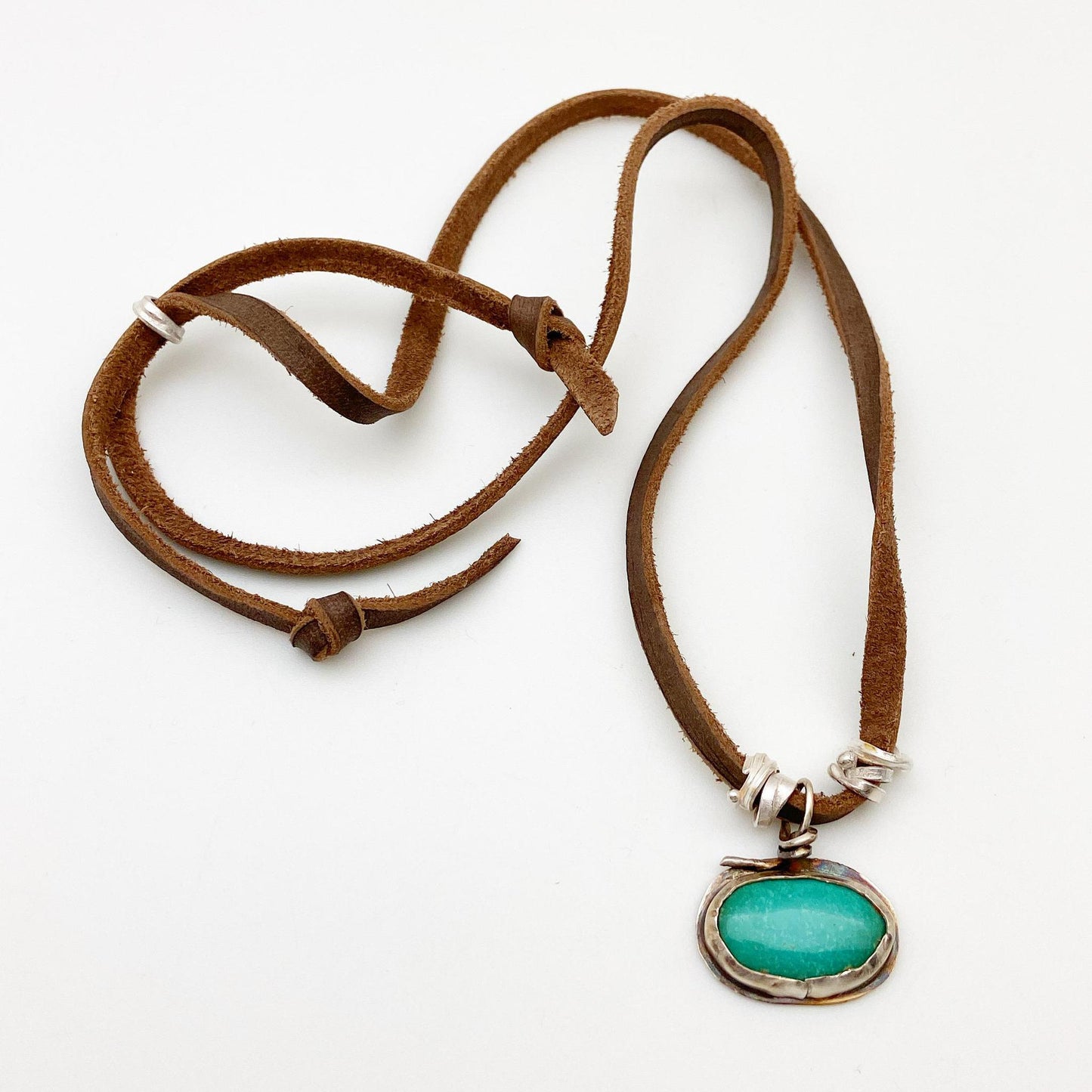 Necklace - Bezel Set Turquoise on Leather - Sterling Original