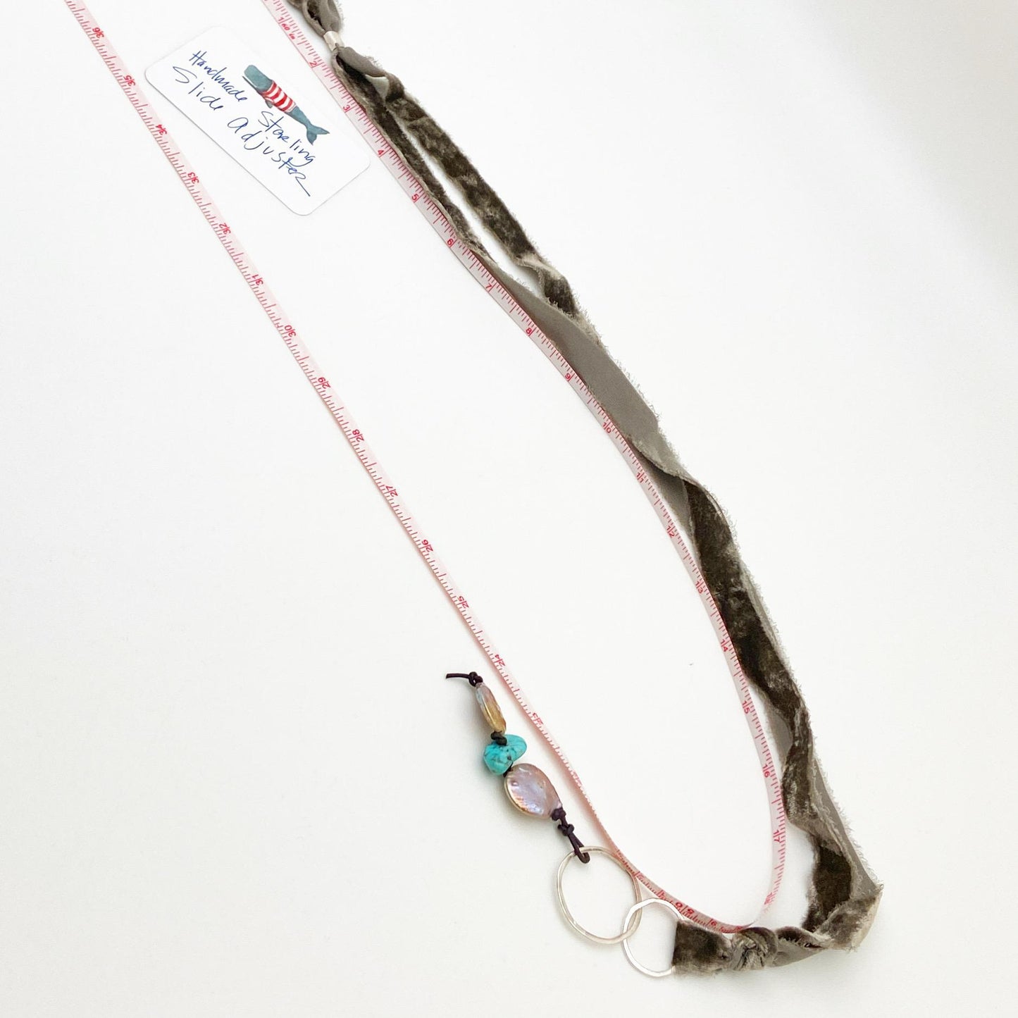 Necklace - Sterling Hoops and Corded Pearl and Turquoise on Grey Silk Velvet
