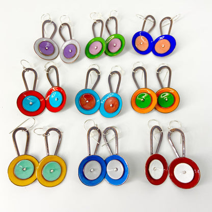 Earrings  - "Spinner" - Enamel on Copper - Red/Turquoise