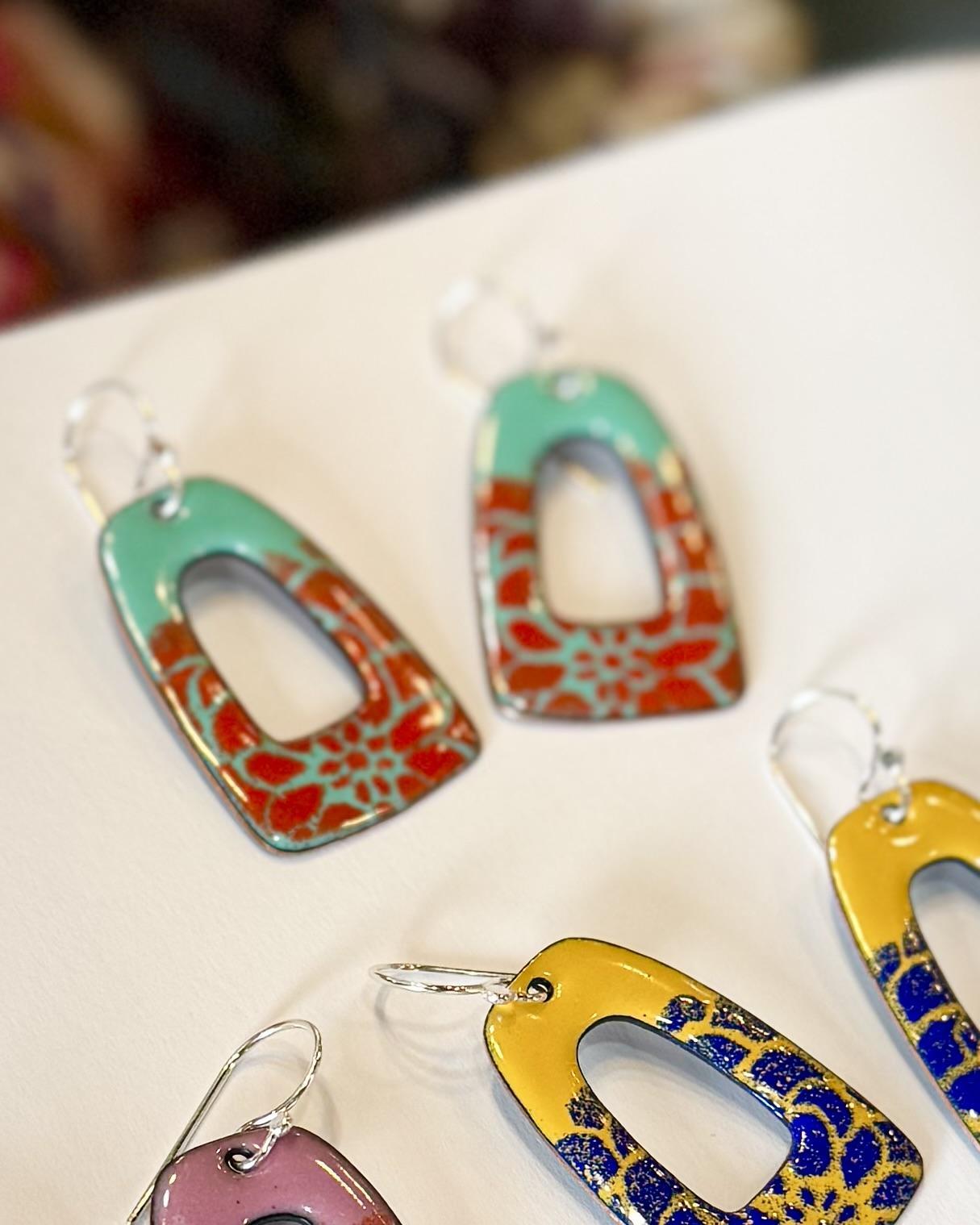 Earrings - Teal/Red Retro Portals - Enamel on Copper