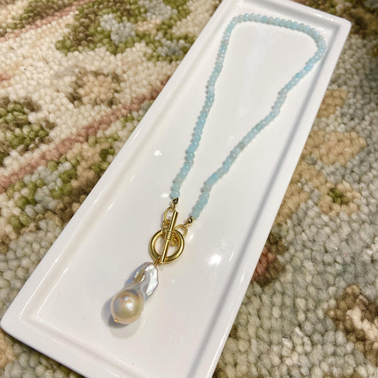 Necklace - Aqua Agate & Baroque Pearl - Gold Plated