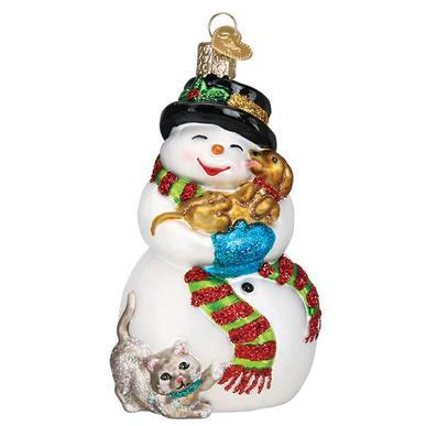 Ornament - Blown Glass - Snowman with Playful Pets