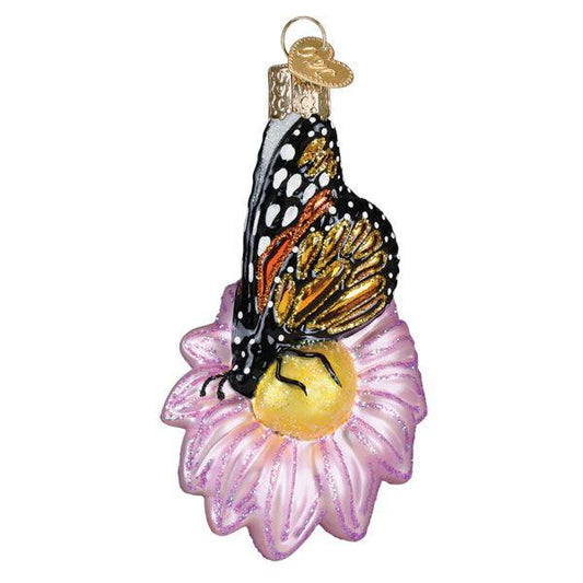 Ornament - Blown Glass - Monarch Butterfly on Flower