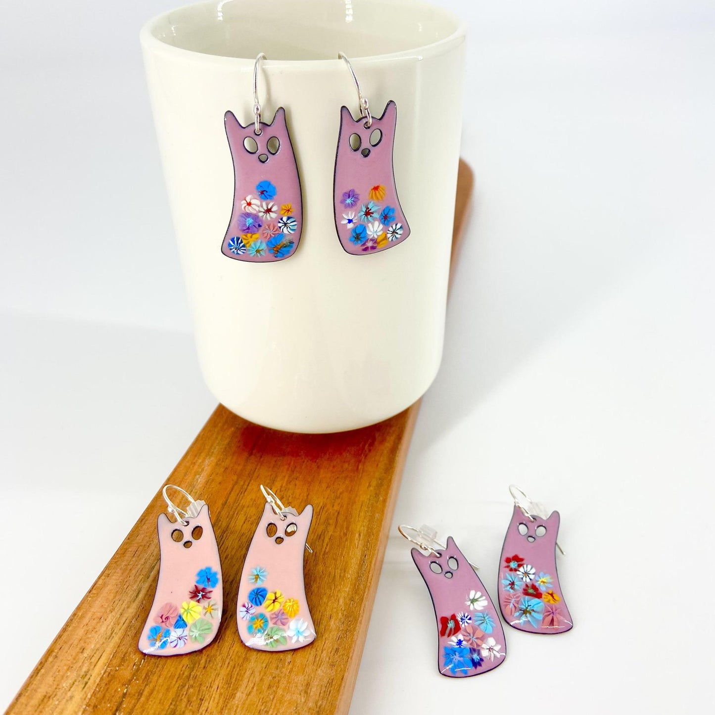 Earrings - Floral Cats - Enamel on Copper