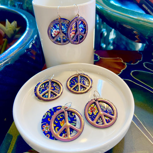 Earrings  - Peace Signs on Blue Floral - Enamel on Copper