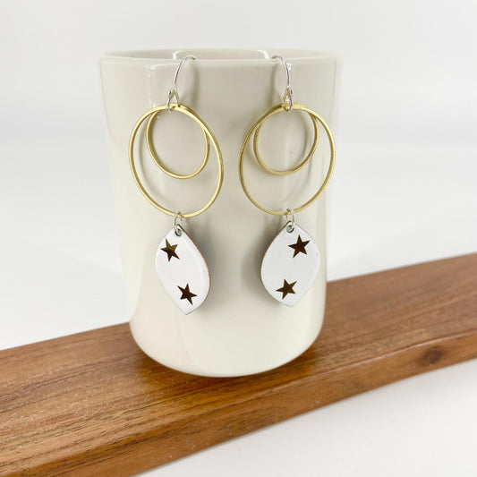 Earrings - Gold Stars on White - Enamel on Copper