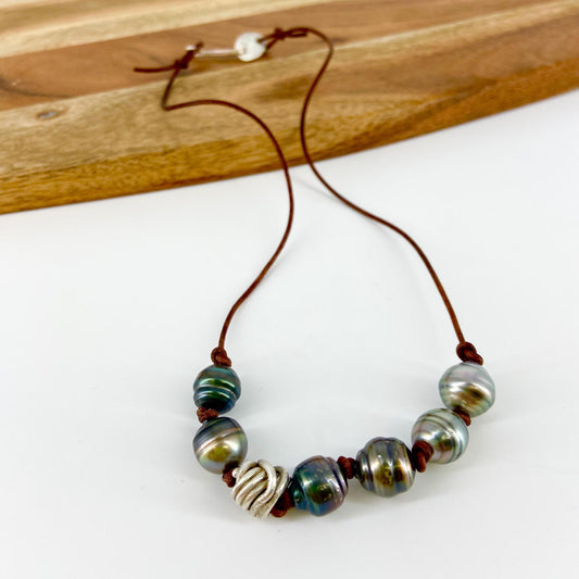 Necklace - Hand-Knotted Dark Grey Pearls on Leather with Sterling Silver