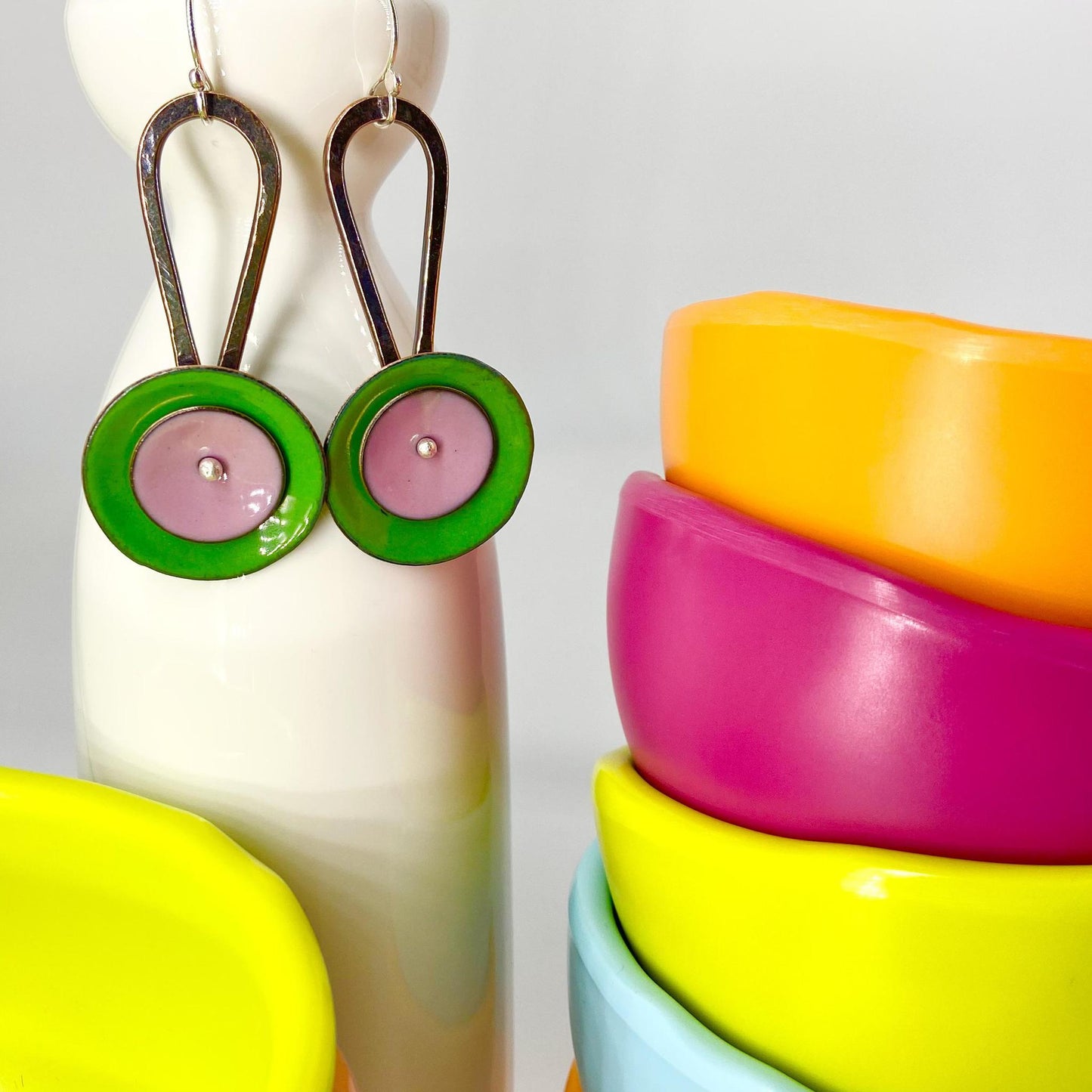 Earrings  - "Spinner" - Enamel on Copper - Green/Pink