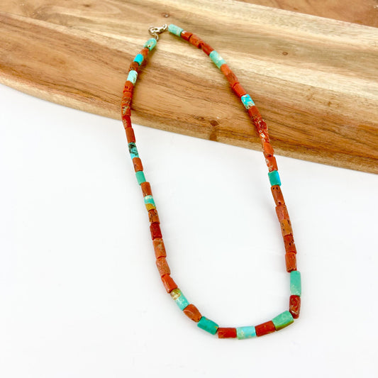 Necklace - Turquoise & Coral Barrels - Fully Beaded