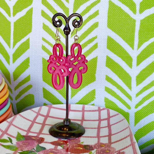 Earrings - Double Scroll Drop - Neon Pink - Resin