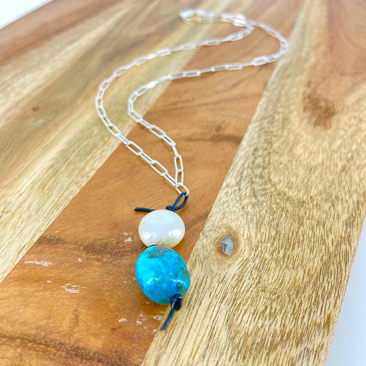 Necklace - Pearl/Turquoise/Leather on Sterling Chain