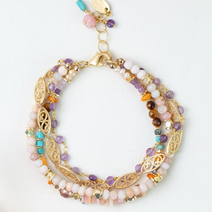 Bracelet - Pink Opal/Amethyst/Turquoise - Gold on Brass