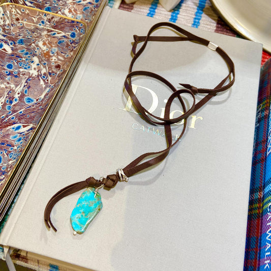 Necklace - Turquoise Slice with Sterling and Leather Tassel on Leather