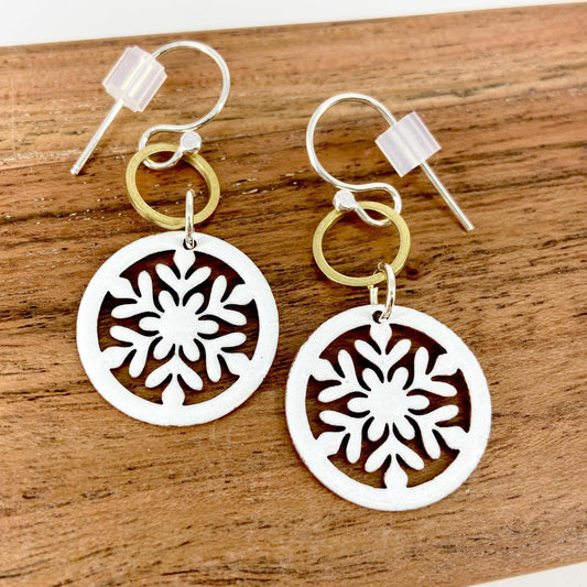 Earrings  - Snowflakes & Brass Ring - Enamel on Copper