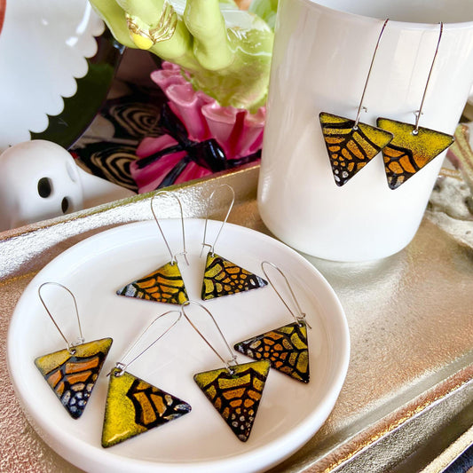 Earrings  - Spiderweb Candy Corn - Enamel on Copper