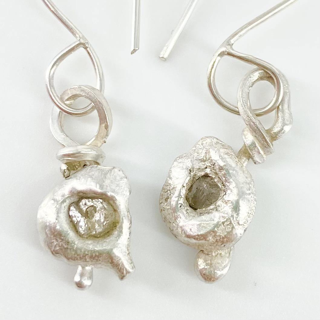 Earrings - Raw Uncut Diamonds set in Molten Sterling Dollops