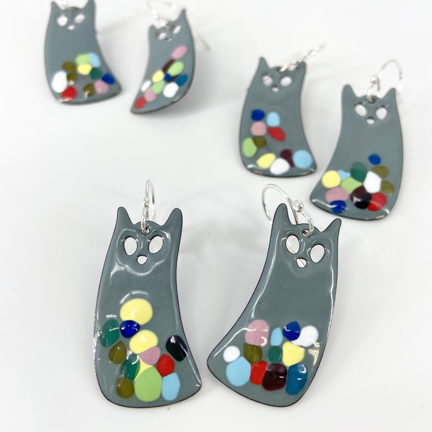 Earrings  - Confetti Grey Cat - Enamel on Copper