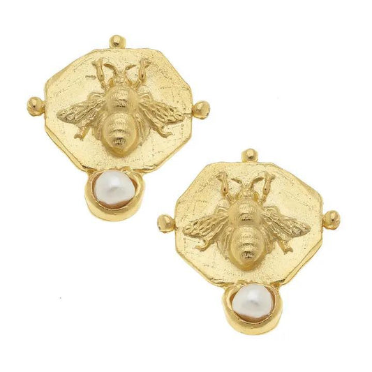 Earrings - Gold Bee Intaglio w/ Pearl - Clip