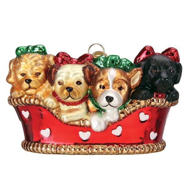 Ornament - Blown Glass - Puppies in a Basket