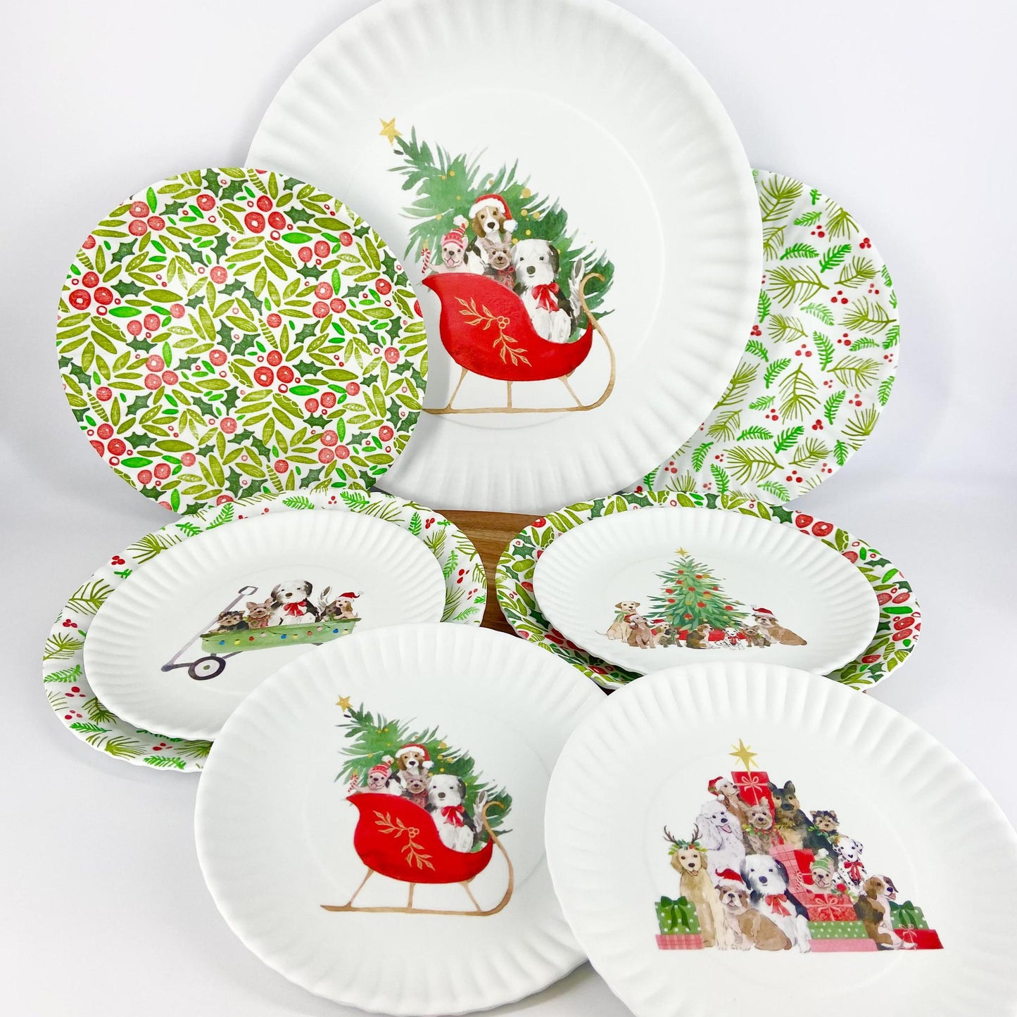 Plate - 9" "Paper Plate" Santa Paws With Tree - Melamine