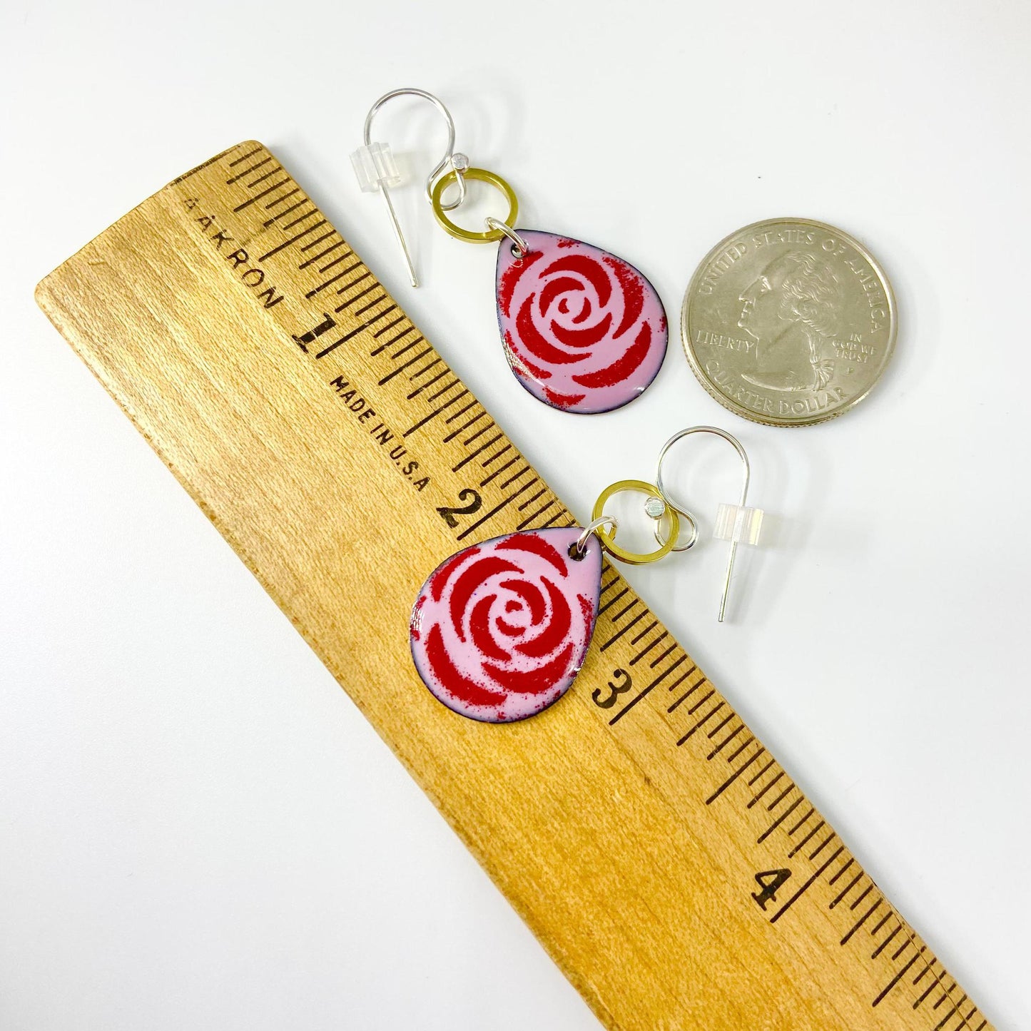 Earrings - Red Roses on Pink - Enamel on Copper