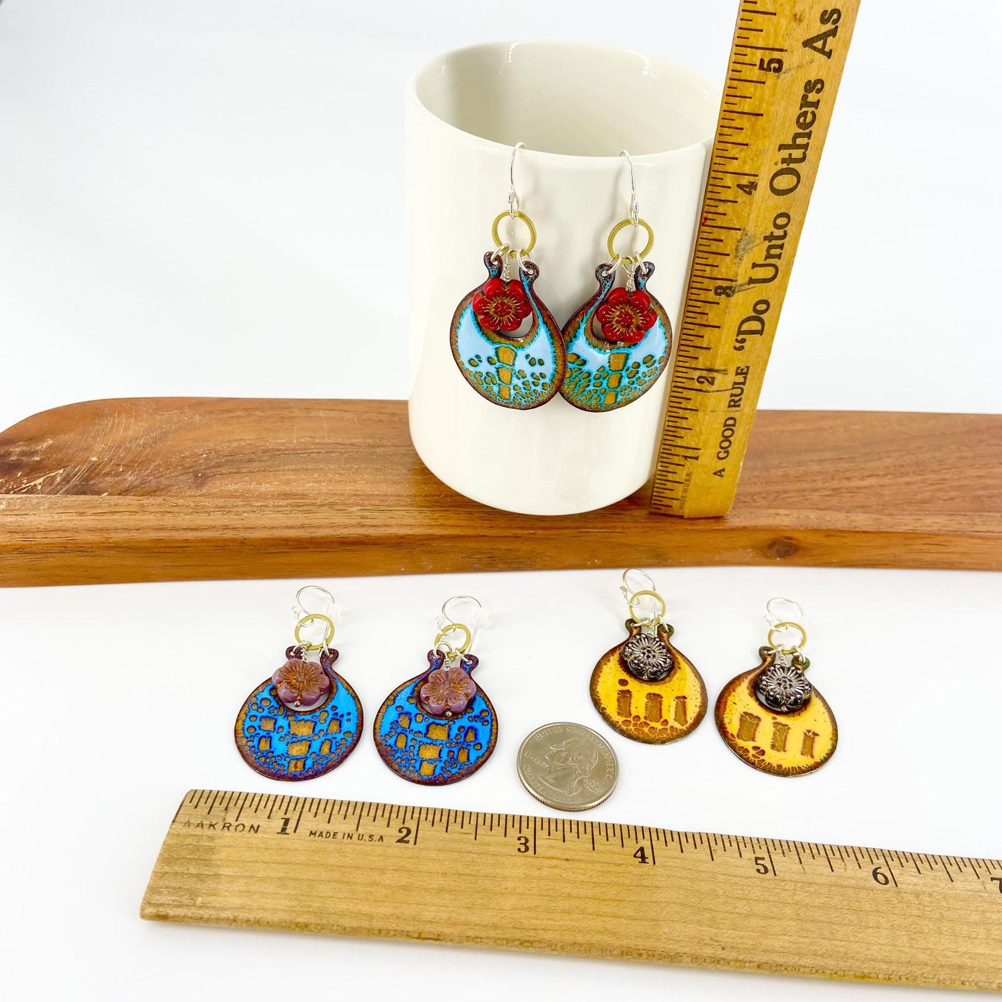 Earrings - Abstract & Czech Bead - Enamel on Copper