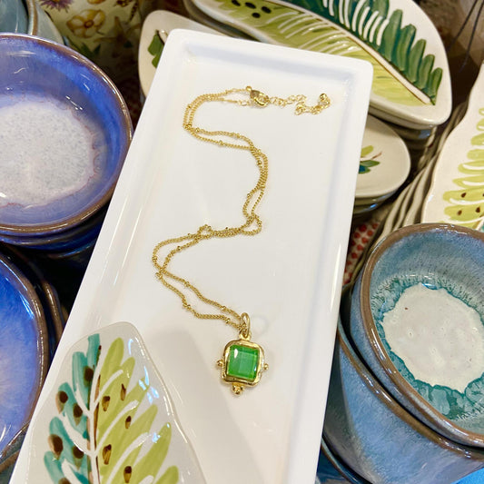 Necklace - French Glass - 14kt Gold Cast Vermeil - Green
