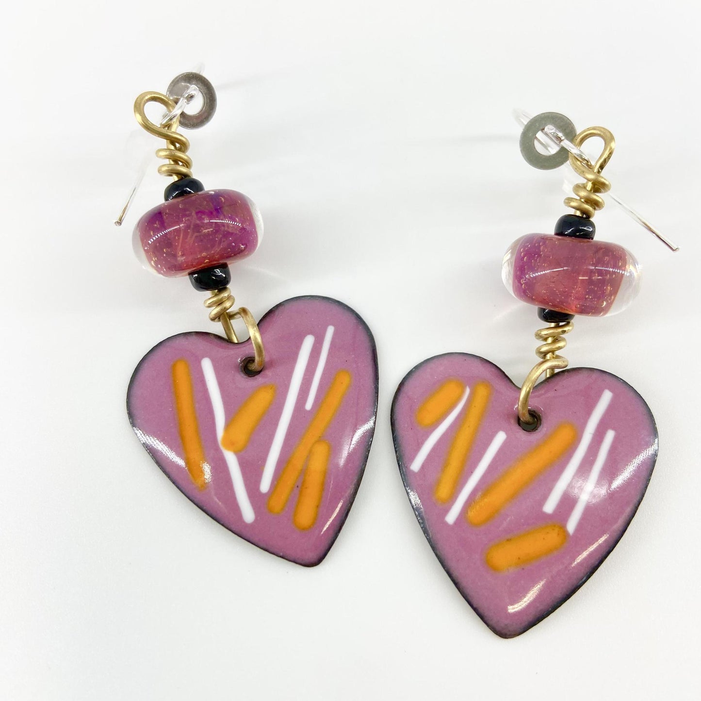 Earrings - Pink Hearts w/ Glass Accent Bead - Enamel (Video)