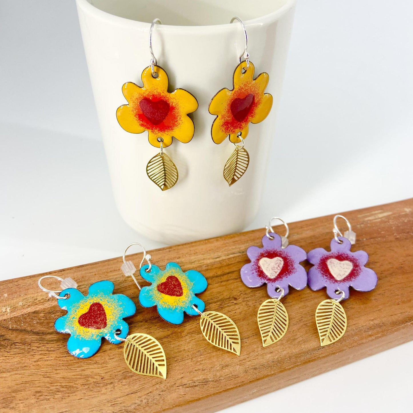 Earrings - Heart Flowers & Brass Leaves - Enamel on Copper