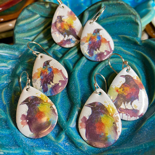 Earrings  - Watercolor Ravens - Enamel