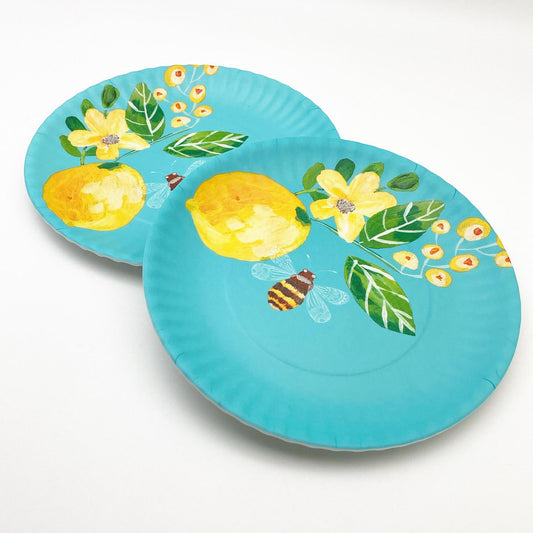 Plate - Melamine "Paper Plate" - Bees on Turquoise - 9"