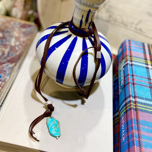 Necklace - Turquoise Slice with Sterling and Leather Tassel on Leather