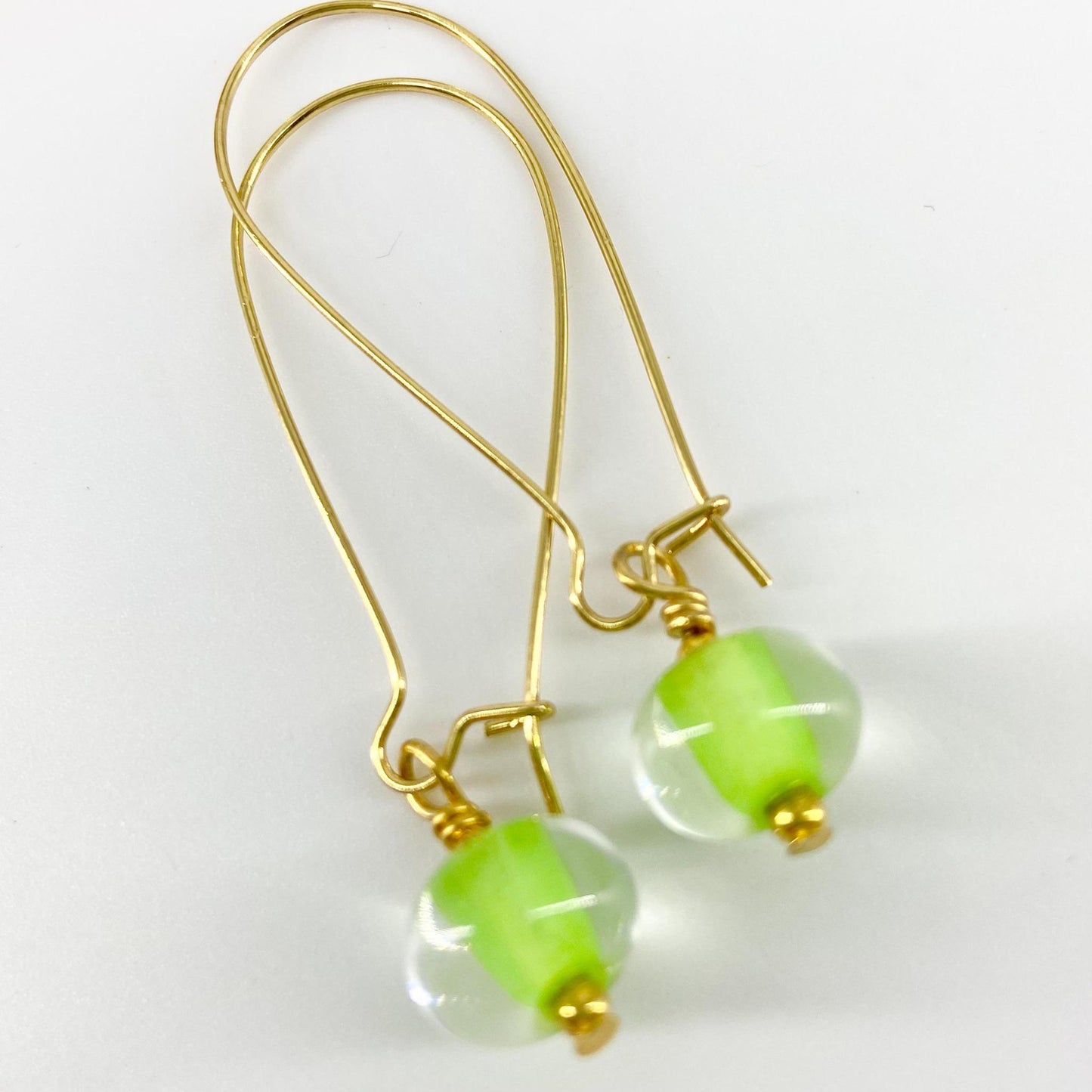 Earrings - Encased Lime Green - Glass & Goldfill Long Wire (Video)
